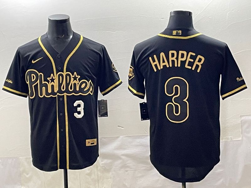 Men 2025 Philadelphia Phillies 3 Harper Black Gold Throwback Nike MLB Jersey style 007